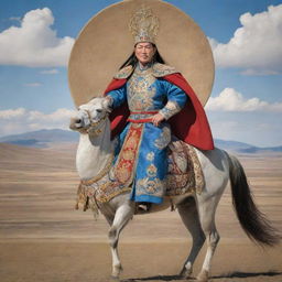 A majestic depiction of a Mongolian king situated against the backdrop of the vast Mongolian steppe, adorned with royal apparel and surmounted by a crown.