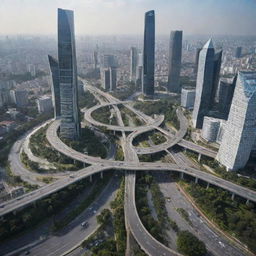 Bundaran Hi roundabout in Jakarta in the year 2055 with futuristic architecture and advanced technology