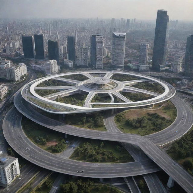 Bundaran Hi roundabout in Jakarta in the year 2055 with futuristic architecture and advanced technology