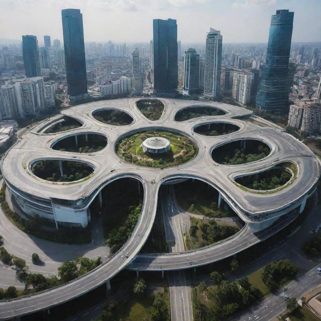 Bundaran Hi roundabout in Jakarta in the year 2055 with futuristic architecture and advanced technology