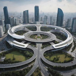 Bundaran Hi roundabout in Jakarta in the year 2055 with futuristic architecture and advanced technology