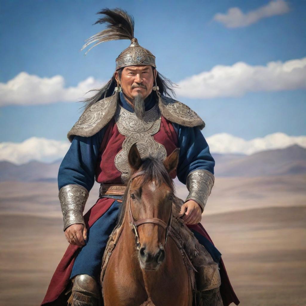 A stunning, realistic portrayal of the legendary Mongolian warrior, Chingis Khan, resplendent in his traditional warrior garb, standing tall against the backdrop of the vast and rugged Mongolian landscape.