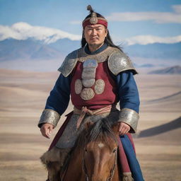 A stunning, realistic portrayal of the legendary Mongolian warrior, Chingis Khan, resplendent in his traditional warrior garb, standing tall against the backdrop of the vast and rugged Mongolian landscape.