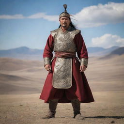 A stunning, realistic portrayal of the legendary Mongolian warrior, Chingis Khan, resplendent in his traditional warrior garb, standing tall against the backdrop of the vast and rugged Mongolian landscape.