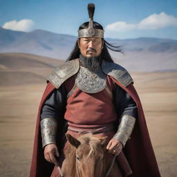 A stunning, realistic portrayal of the legendary Mongolian warrior, Chingis Khan, resplendent in his traditional warrior garb, standing tall against the backdrop of the vast and rugged Mongolian landscape.