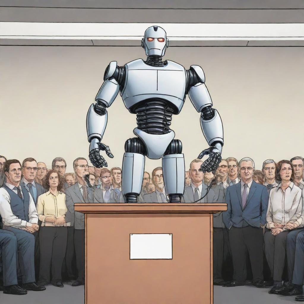 Illustrate a comic-style, muscular robot standing at a podium in a conference room, addressing hundreds of journalists with microphones and notepads