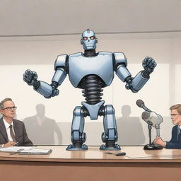 Illustrate a comic-style, muscular robot standing at a podium in a conference room, addressing hundreds of journalists with microphones and notepads