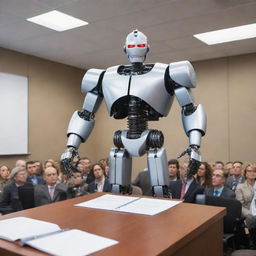 Illustrate a comic-style, muscular robot standing at a podium in a conference room, addressing hundreds of journalists with microphones and notepads