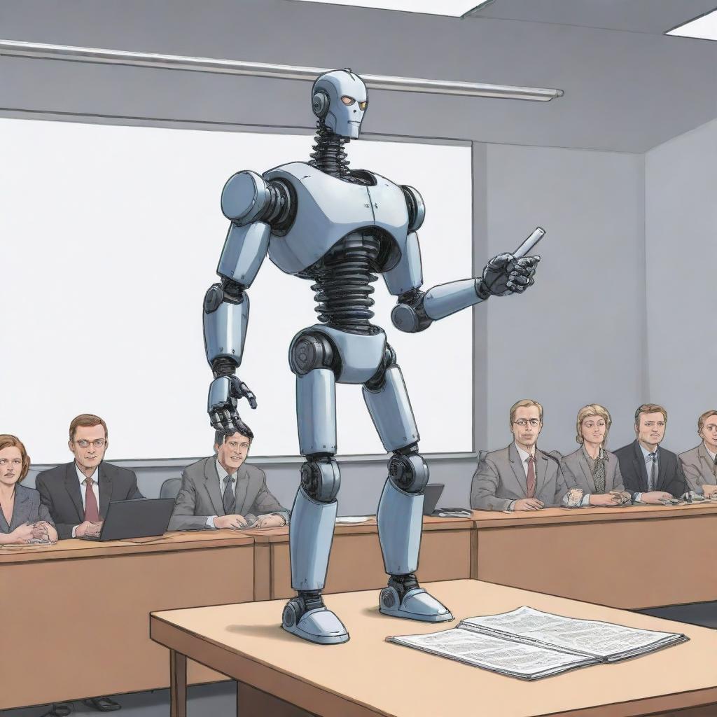 Illustrate a comic-style, muscular robot standing at a podium in a conference room, addressing hundreds of journalists with microphones and notepads