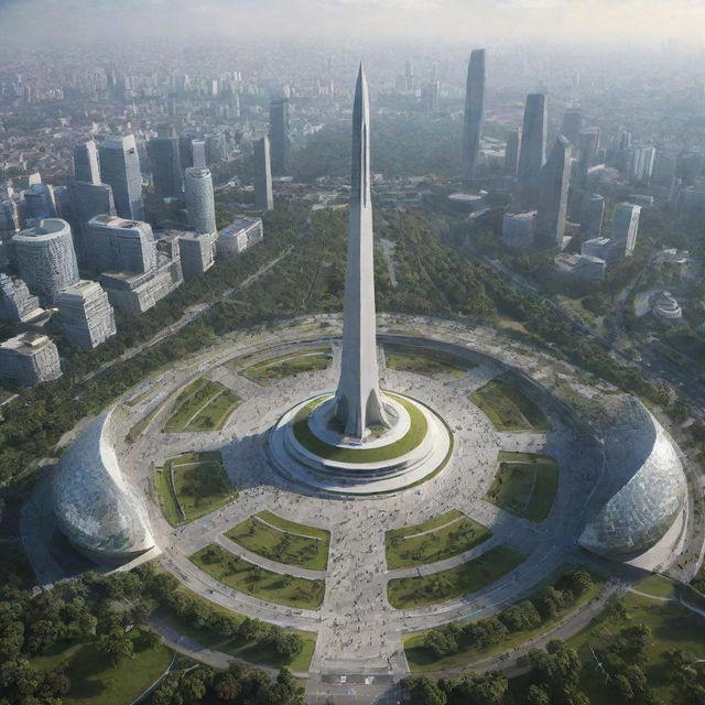 The National Monument (Monas) in Jakarta in the year 2055 displaying futuristic design and enhanced surroundings