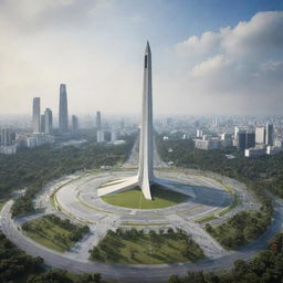 The National Monument (Monas) in Jakarta in the year 2055 displaying futuristic design and enhanced surroundings