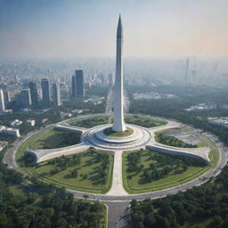 The National Monument (Monas) in Jakarta in the year 2055 displaying futuristic design and enhanced surroundings