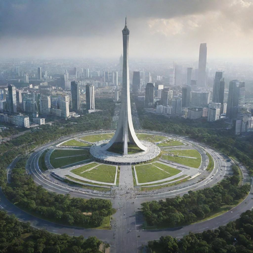 The National Monument (Monas) in Jakarta in the year 2055 displaying futuristic design and enhanced surroundings