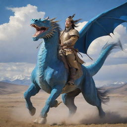 An epic and fantastical depiction of the great Chinggis Khan astride a majestic blue dragon, soaring over the sprawling steppe landscape of Mongolia with the wind billowing his warrior attire.