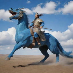 An epic and fantastical depiction of the great Chinggis Khan astride a majestic blue dragon, soaring over the sprawling steppe landscape of Mongolia with the wind billowing his warrior attire.