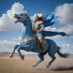 An epic and fantastical depiction of the great Chinggis Khan astride a majestic blue dragon, soaring over the sprawling steppe landscape of Mongolia with the wind billowing his warrior attire.