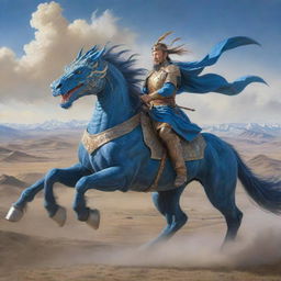 An epic and fantastical depiction of the great Chinggis Khan astride a majestic blue dragon, soaring over the sprawling steppe landscape of Mongolia with the wind billowing his warrior attire.