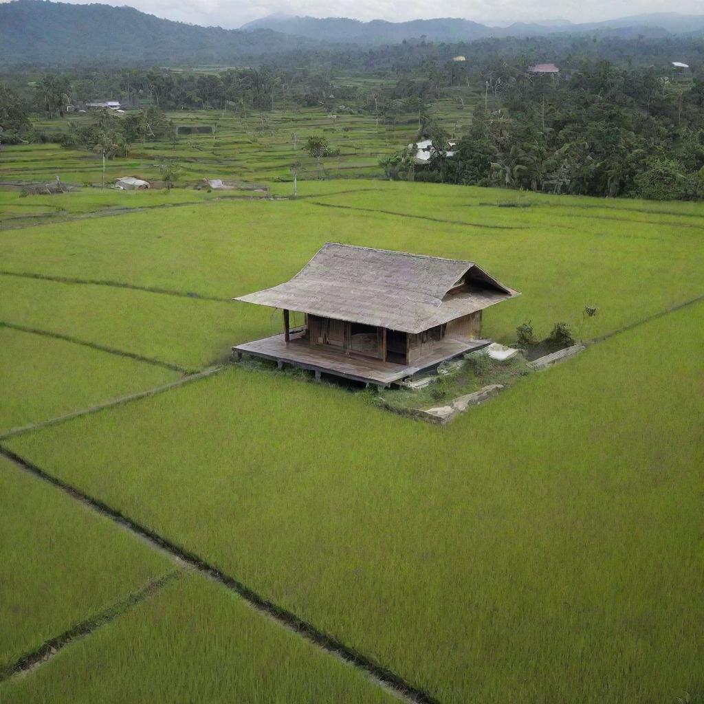 An Indonesian minimalist house situated in the middle of a rice field, with a very beautiful view.