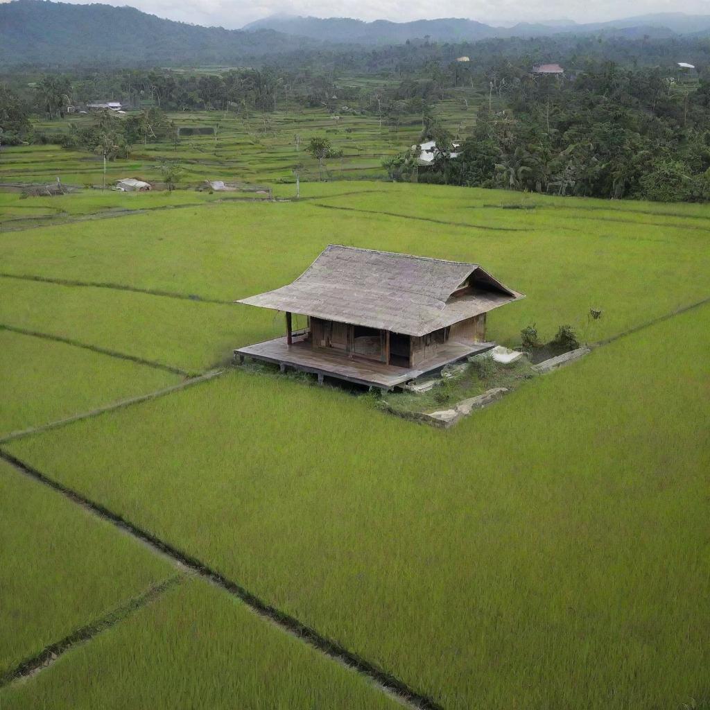 An Indonesian minimalist house situated in the middle of a rice field, with a very beautiful view.