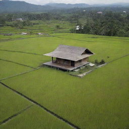 An Indonesian minimalist house situated in the middle of a rice field, with a very beautiful view.