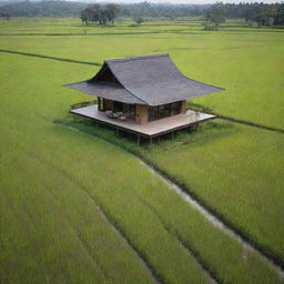 An Indonesian minimalist house situated in the middle of a rice field, with a very beautiful view.