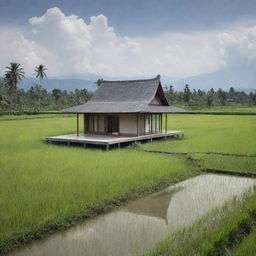 An Indonesian minimalist house situated in the middle of a rice field, with a very beautiful view.