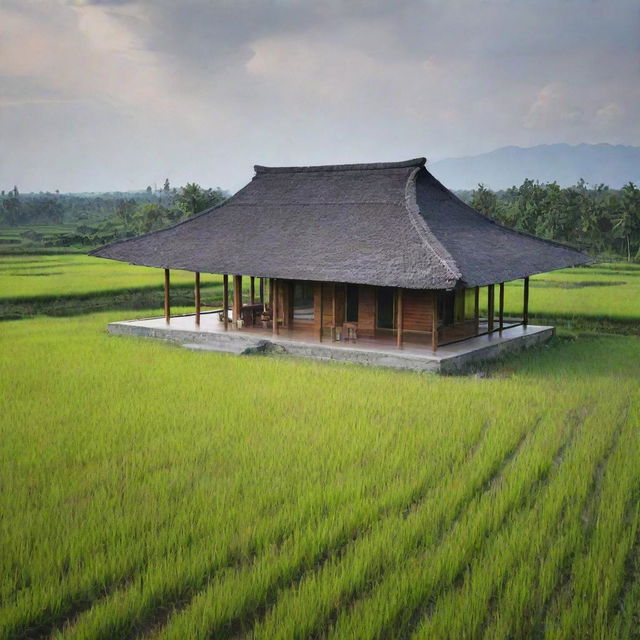 An Indonesian minimalist house situated in the middle of a rice field, with a very beautiful view.