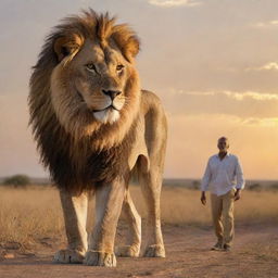 A majestic lion and a brave man standing side by side in the vast savannah under the setting sun, conveying courage and respect.