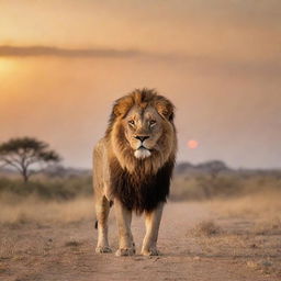 A majestic lion and a brave man standing side by side in the vast savannah under the setting sun, conveying courage and respect.