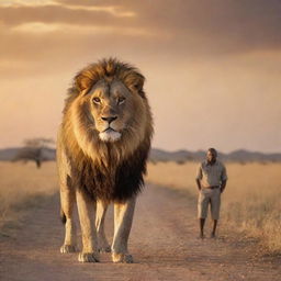 A majestic lion and a brave man standing side by side in the vast savannah under the setting sun, conveying courage and respect.