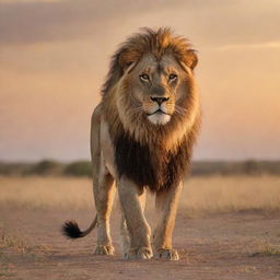 A majestic lion and a brave man standing side by side in the vast savannah under the setting sun, conveying courage and respect.