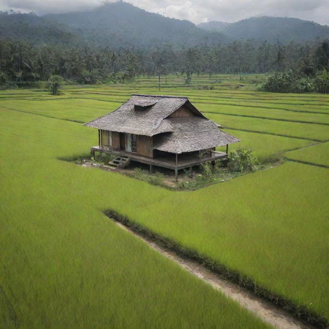 An Indonesian minimalist house situated in the middle of a rice field, surrounded by an extremely picturesque landscape.