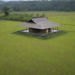 An Indonesian minimalist house situated in the middle of a rice field, surrounded by an extremely picturesque landscape.