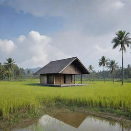 An Indonesian minimalist house situated in the middle of a rice field, surrounded by an extremely picturesque landscape.