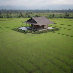 An Indonesian minimalist house situated in the middle of a rice field, surrounded by an extremely picturesque landscape.