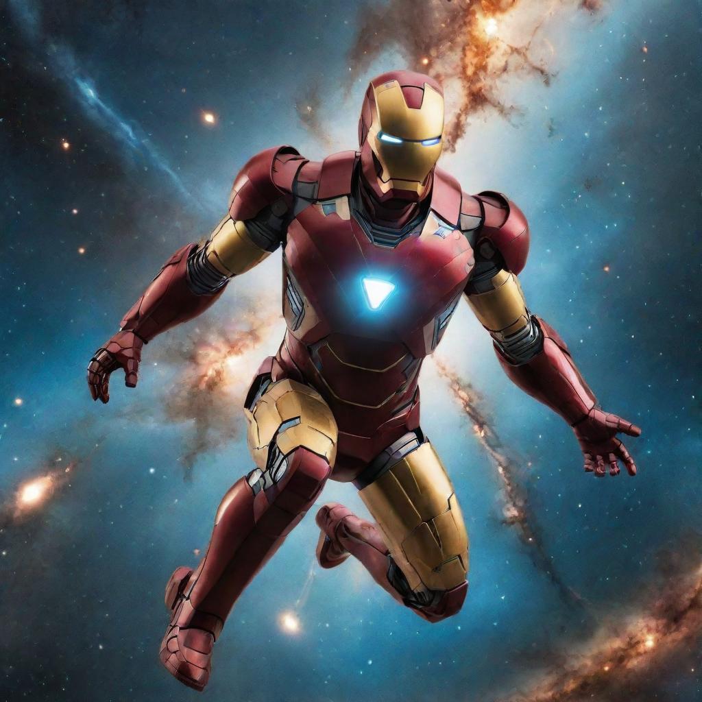 Iron Man flying across a star-filled universal landscape, surrounded by galaxies, nebulas, and stars