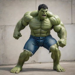 An imposing image of the Hulk, green-skinned and muscular, smashing through a concrete wall