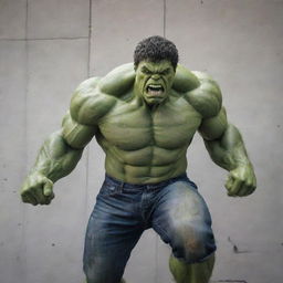 An imposing image of the Hulk, green-skinned and muscular, smashing through a concrete wall