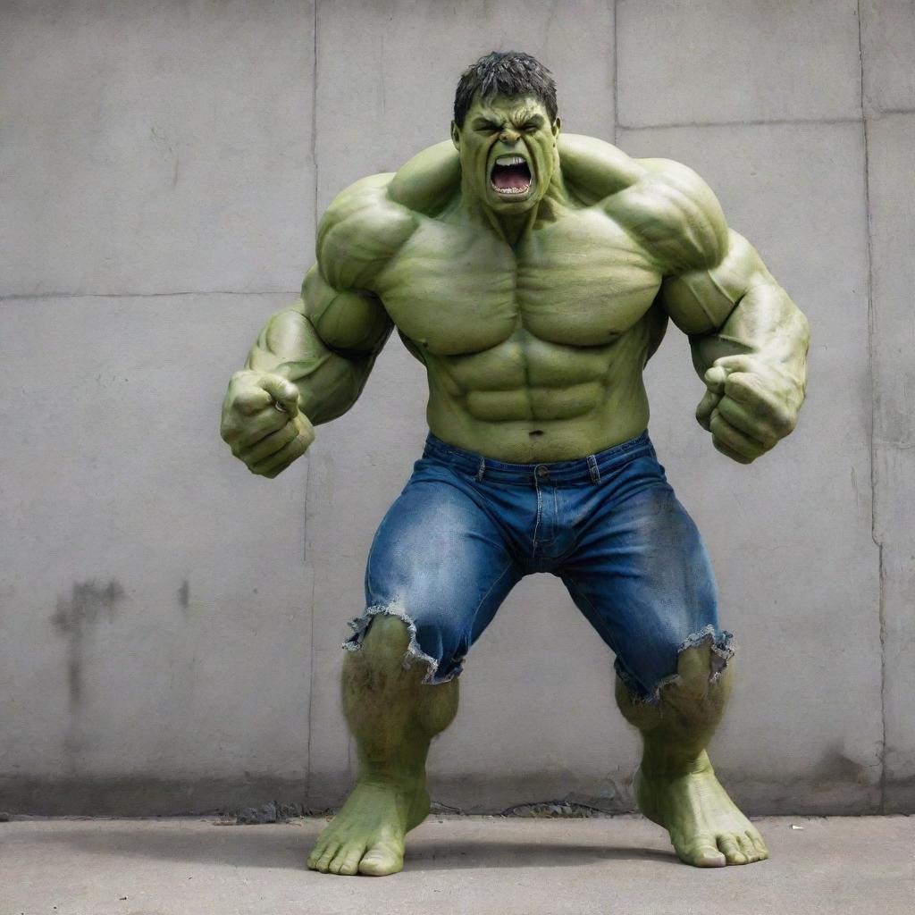 An imposing image of the Hulk, green-skinned and muscular, smashing through a concrete wall