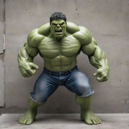 An imposing image of the Hulk, green-skinned and muscular, smashing through a concrete wall