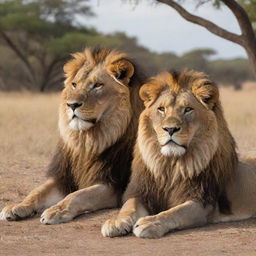 A powerful and majestic lion peacefully sitting beside a confident yet respectful man in a serene savannah environment.