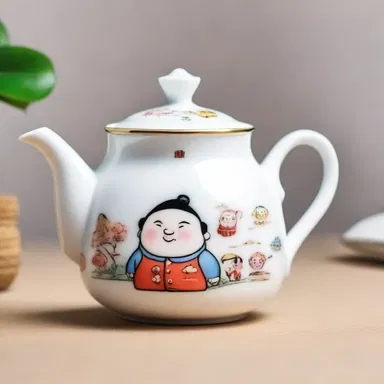 The cartoon character's porcelain teapot was meticulously designed with a glossy luster.