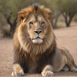 A powerful and majestic lion peacefully sitting beside a confident yet respectful man in a serene savannah environment.