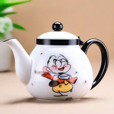 The cartoon character's porcelain teapot was meticulously designed with a glossy luster.