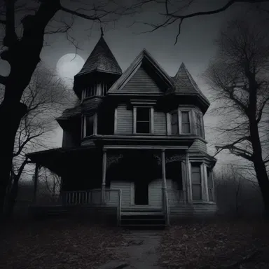 The haunted house gleamed with a sinister luster, adding an eerie ambiance to the horror film.