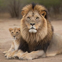 A powerful and majestic lion peacefully sitting beside a confident yet respectful man in a serene savannah environment.