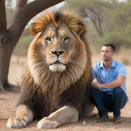 A powerful and majestic lion peacefully sitting beside a confident yet respectful man in a serene savannah environment.