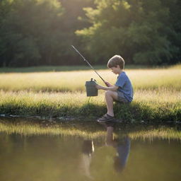 A young boy peacefully fishing at the edge of a serene pond under a gentle sunlight