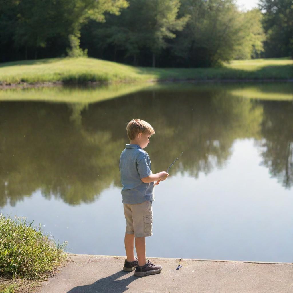 A young boy peacefully fishing at the edge of a serene pond under a gentle sunlight