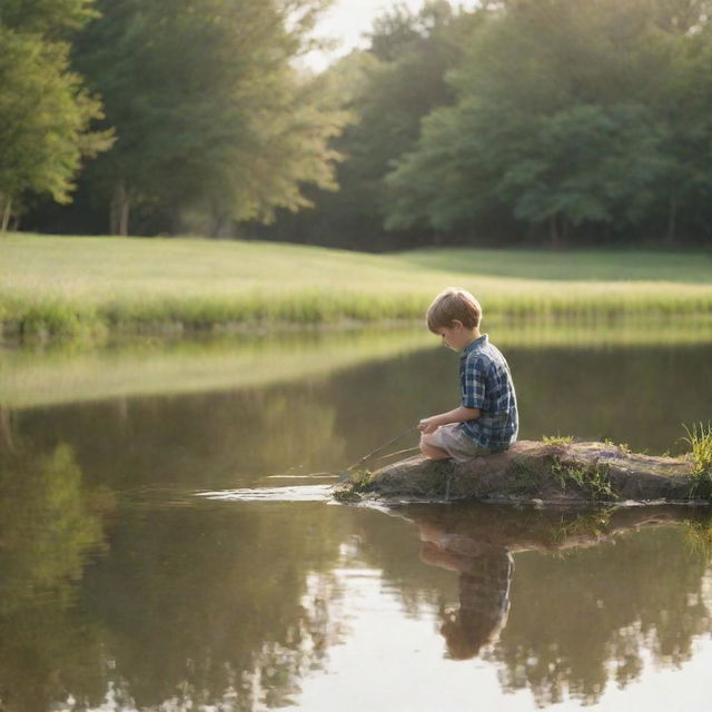 A young boy peacefully fishing at the edge of a serene pond under a gentle sunlight